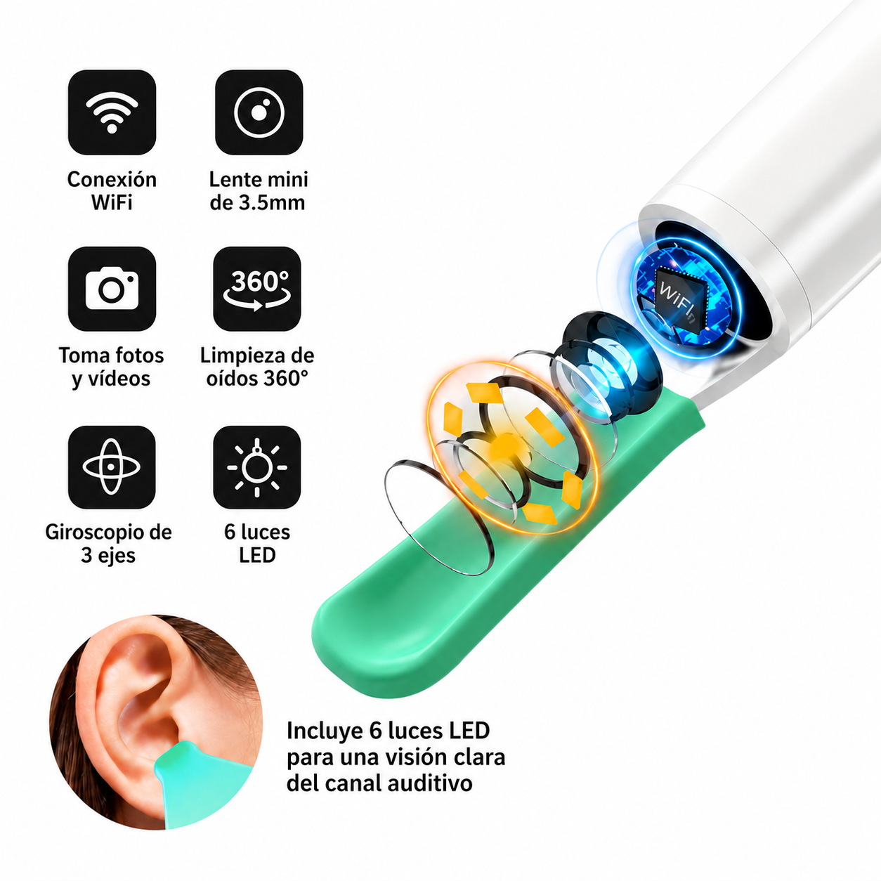 Nexvos EarView™ | Limpiador con cámara